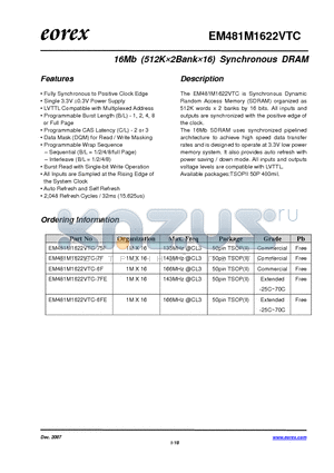 EM481M1622VTC-6F datasheet - 16Mb (512K2Bank16) Synchronous DRAM