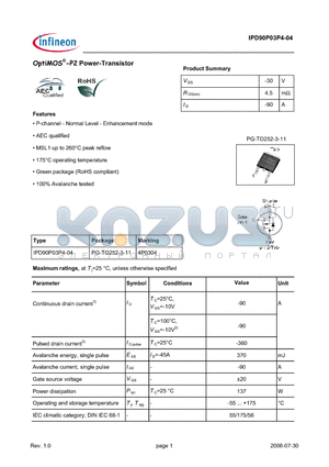 IPD90P03P4-04 datasheet - OptiMOS-P2 Power-Transistor