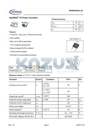 IPD90P03P4L-04 datasheet - OptiMOS-P2 Power-Transistor