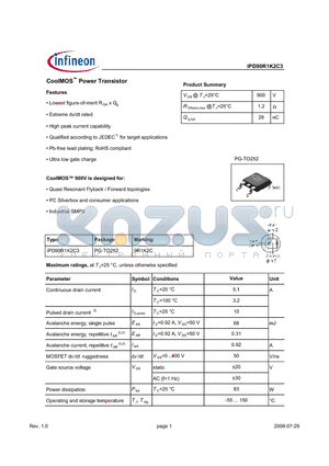 IPD90R1K2C3 datasheet - CoolMOS Power Transistor