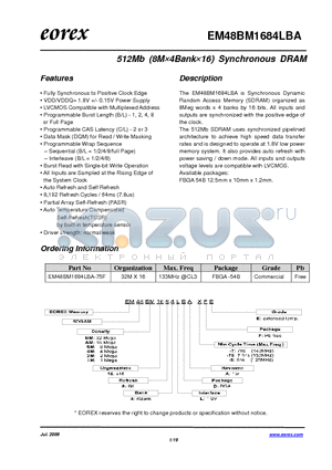 EM481M1644LBA-7FE datasheet - 512Mb (8M4Bank16) Synchronous DRAM