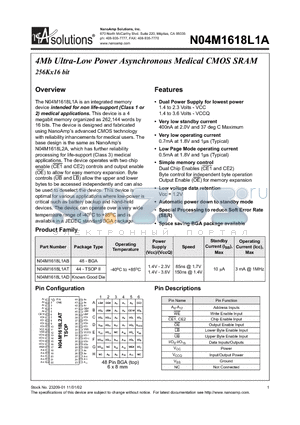 N04M1618L1AD-85I datasheet - 4Mb Ultra-Low Power Asynchronous Medical CMOS SRAM 256Kx16 bit