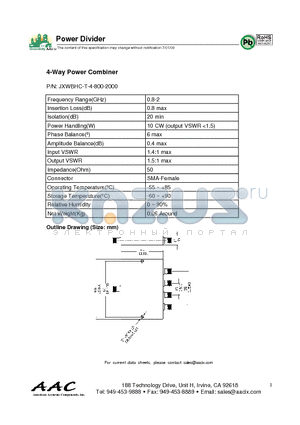 JXWBHC-T-4-800-2000 datasheet - 4-Way Power Combiner