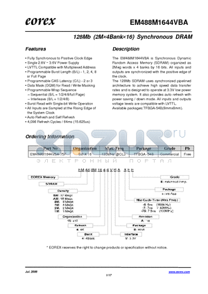 EM481M1644VBA-6FE datasheet - 128Mb (2M4Bank16) Synchronous DRAM