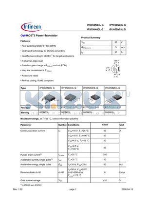 IPF050N03LG datasheet - Fast switching MOSFET for SMPS Optimized technology for DC/DC converters