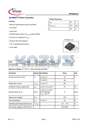 IPF09N03LA datasheet - OptiMOS 2 Power-Transistor