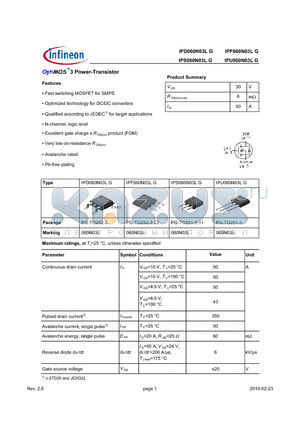 IPF060N03LG datasheet - OptiMOS3 Power-Transistor Features Fast switching MOSFET for SMPS