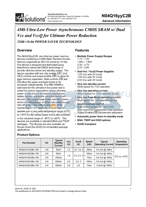 N04Q1612C2BW-15C datasheet - 4Mb Ultra-Low Power Asynchronous CMOS SRAM w/ Dual Vcc and VccQ for Ultimate Power Reduction 256K16 bit POWER SAVER TECHNOLOGY
