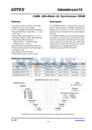 EM481M1644VTE-7FE datasheet - 128Mb (2M4Bank16) Synchronous DRAM