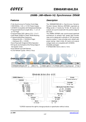 EM481M1684LBA-75FE datasheet - 256Mb (4M4Bank16) Synchronous DRAM