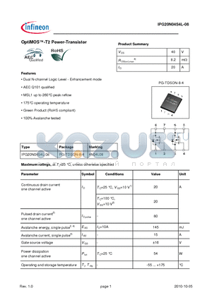 IPG20N04S4L-08 datasheet - OptiMOS-T2 Power-Transistor