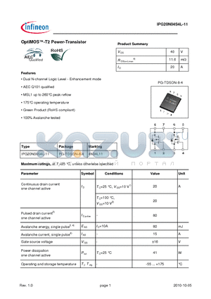 IPG20N04S4L-11 datasheet - OptiMOS-T2 Power-Transistor