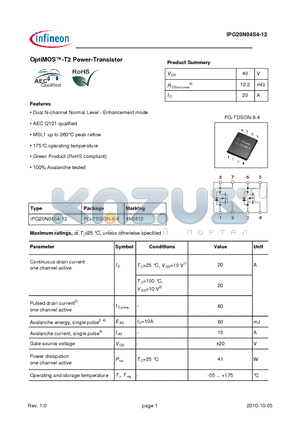 IPG20N04S4-12 datasheet - OptiMOS-T2 Power-Transistor