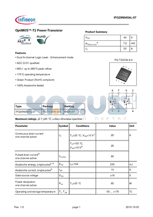 IPG20N04S4L-07 datasheet - OptiMOS-T2 Power-Transistor