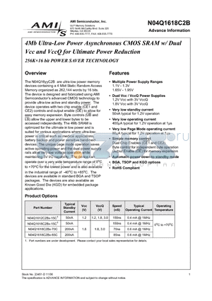 N04Q1618C2BX-15C datasheet - 4Mb Ultra-Low Power Asynchronous CMOS SRAM w/ Dual Vcc and VccQ for Ultimate Power Reduction 256K16 bit POWER SAVER TECHNOLOGY