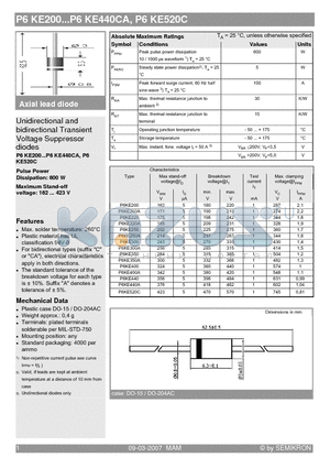 P6KE200_07 datasheet - Unidirectional and bidirectional Transient Voltage Suppressor diodes