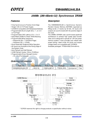 EM481M3244LBA-75FE datasheet - 256Mb (2M4Bank32) Synchronous DRAM