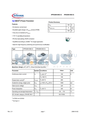 IPI030N10N3G datasheet - OptiMOS3 Power-Transistor