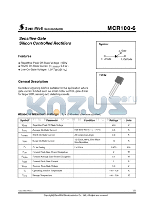 MCR100-6 datasheet - Sensitive Gate Silicon Controlled Rectifiers