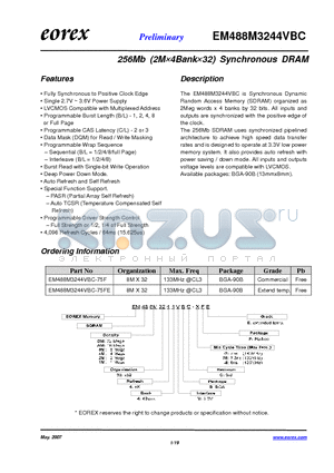 EM481M3244VBC-75FE datasheet - 256Mb (2M4Bank32) Synchronous DRAM