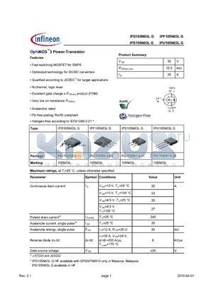 IPF105N03LG datasheet - OptiMOS3 Power-Transistor