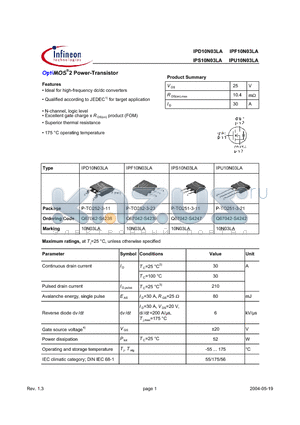 IPF10N03LA datasheet - OptiMOS2 Power-Transistor