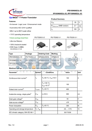 IPI100N06S3L-03 datasheet - OptiMOS^-T Power-Transistor