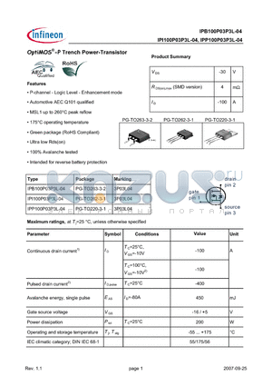 IPI100P03P3L-04 datasheet - OptiMOS-P Trench Power-Transistor