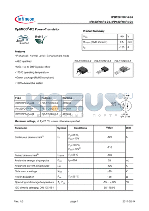 IPI120P04P4-04 datasheet - OptiMOS-P2 Power-Transistor