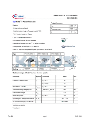 IPI110N20N3G datasheet - OptiMOSTM3 Power-Transistor Features Excellent gate charge x R DS(on) product (FOM)
