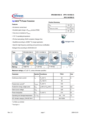 IPI111N15N3G datasheet - OptiMOSTM3 Power-Transistor Features Excellent gate charge x R DS(on) product (FOM)