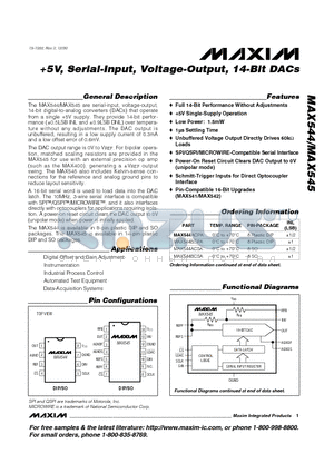 MAX544ACPA datasheet - 5V, Serial-Input, Voltage-Output, 14-Bit DACs