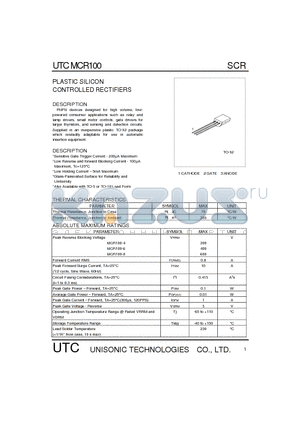 MCR100-8 datasheet - PLASTIC SILICON CONTROLLED RECTIFIERS(PNPN devices designed for high volume)