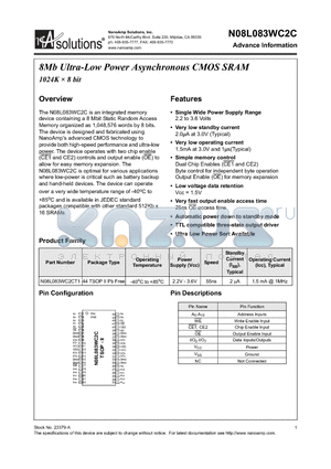 N08L083WC2CT1 datasheet - 8Mb Ultra-Low Power Asynchronous CMOS SRAM 1024K  8 bit