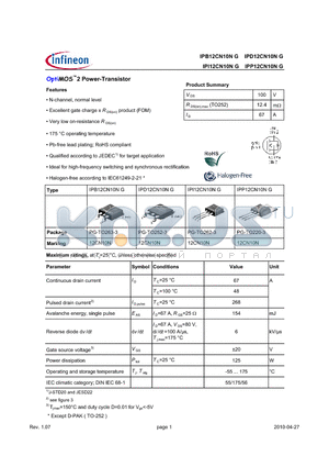 IPI12CN10NG datasheet - OptiMOS2 Power-Transistor Features N-channel, normal level Very low on-resistance R DS