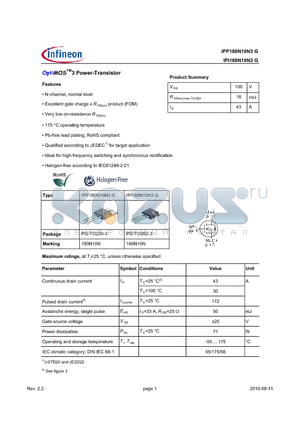 IPI180N10N3G datasheet - OptiMOSTM3 Power-Transistor