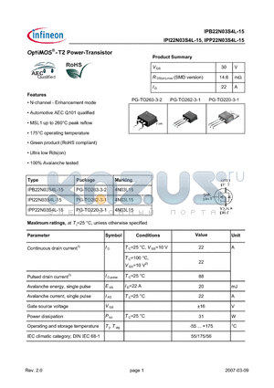 IPI22N03S4L-15 datasheet - OptiMOS-T2 Power-Transistor