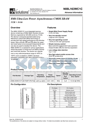 N08L163WC1CT1-55IL datasheet - 8Mb Ultra-Low Power Asynchronous CMOS SRAM 512K  16 bit