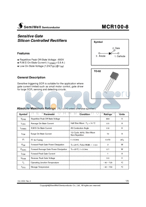 MCR100-8 datasheet - Sensitive Gate Silicon Controlled Rectifiers