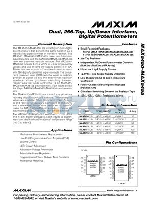 MAX5452EUB datasheet - Dual, 256-Tap, Up/Down Interface, Digital Potentiometers