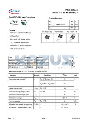 IPI45N04S4L-08 datasheet - OptiMOS-T2 Power-Transistor