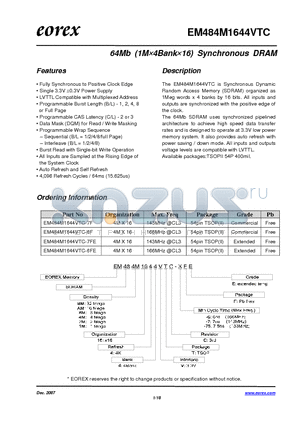 EM482M1644VTC-6FE datasheet - 64Mb (1M4Bank16) Synchronous DRAM