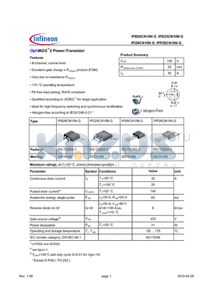 IPI26CN10NG datasheet - OptiMOS Power-Transistor Feature Enhancement mode Logic Level Avalanche rated