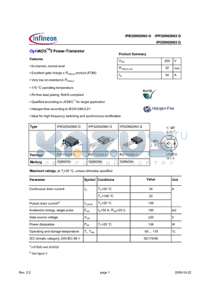 IPI320N20N3G datasheet - OptiMOSTM3 Power-Transistor Features N-channel, normal level