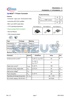 IPI45N06S3L-13 datasheet - OptiMOS-T2 Power-Transistor