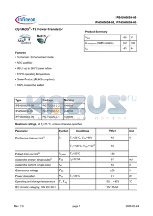 IPI45N06S4-09 datasheet - OptiMOS-T2 Power-Transistor