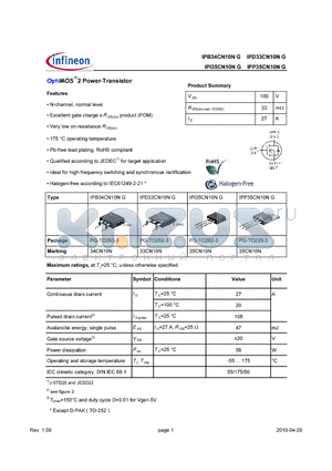 IPI35CN10NG datasheet - OptiMOS2 Power-Transistor