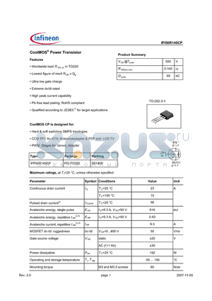 IPI50R140CP datasheet - CoolMOS Power Transistor