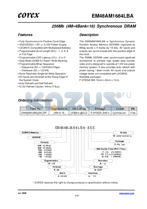 EM482M1684LBA-75FE datasheet - 256Mb (4M4Bank16) Synchronous DRAM