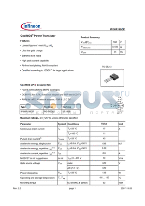IPI50R199CP datasheet - CoolMOS Power Transistor